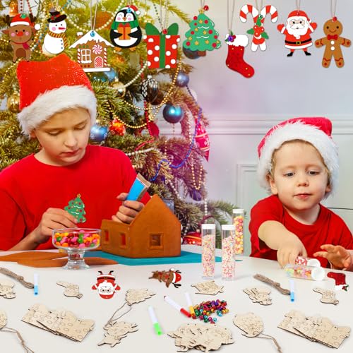 50 Pieces Christmas Wooden Ornaments Blanks Pendants Unfinished Wood Slices Hanging K397