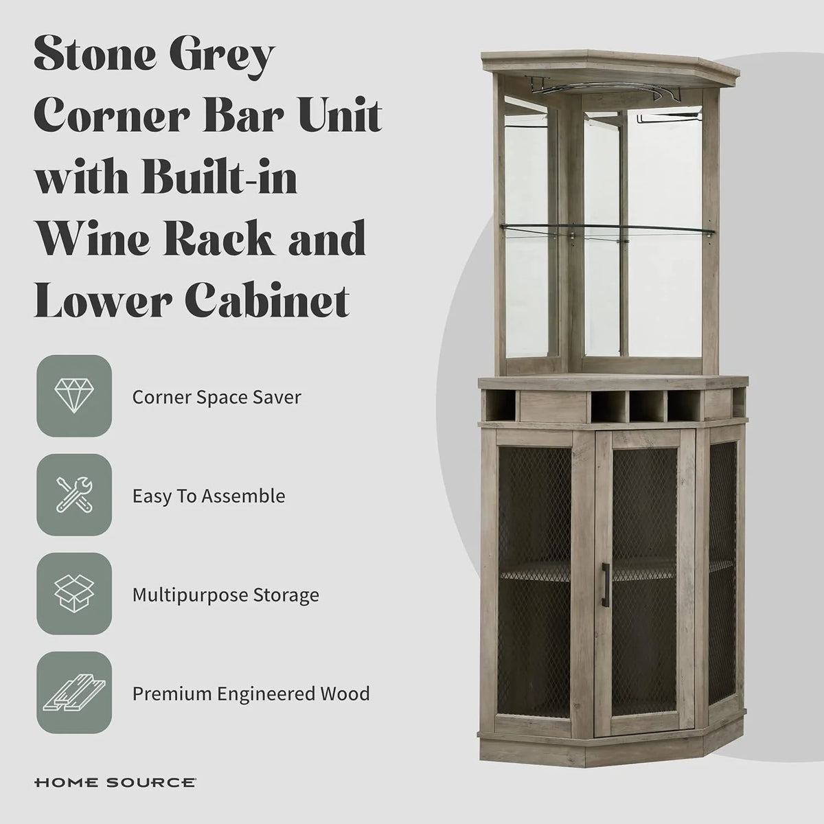 Stone Grey Corner Bar Unit with Built-In Wine Rack and Lower Bar Cabinet N795008