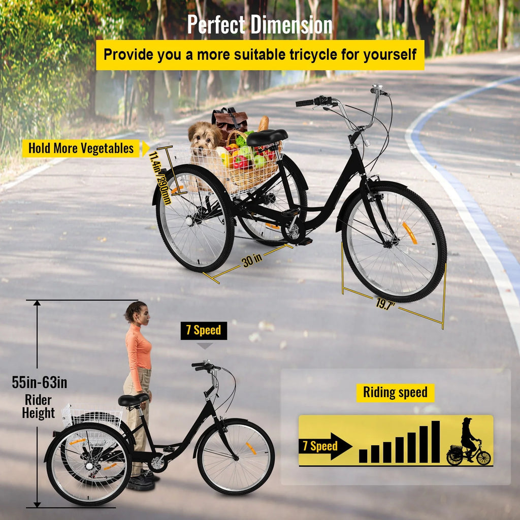 7-Speed 3 Wheel Adult Tricycle 24'' Yellow with Large Basket Z799