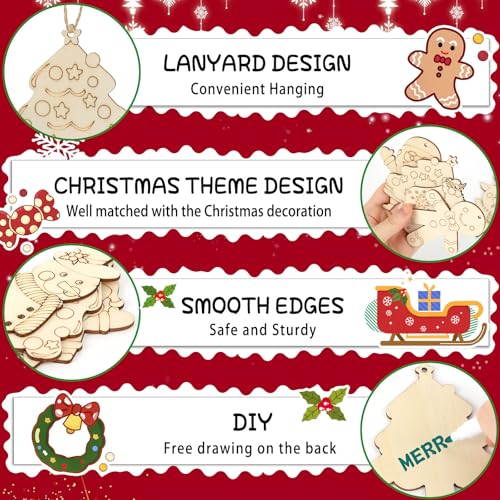 50 Pieces Christmas Wooden Ornaments Blanks Pendants Unfinished Wood Slices Hanging K397