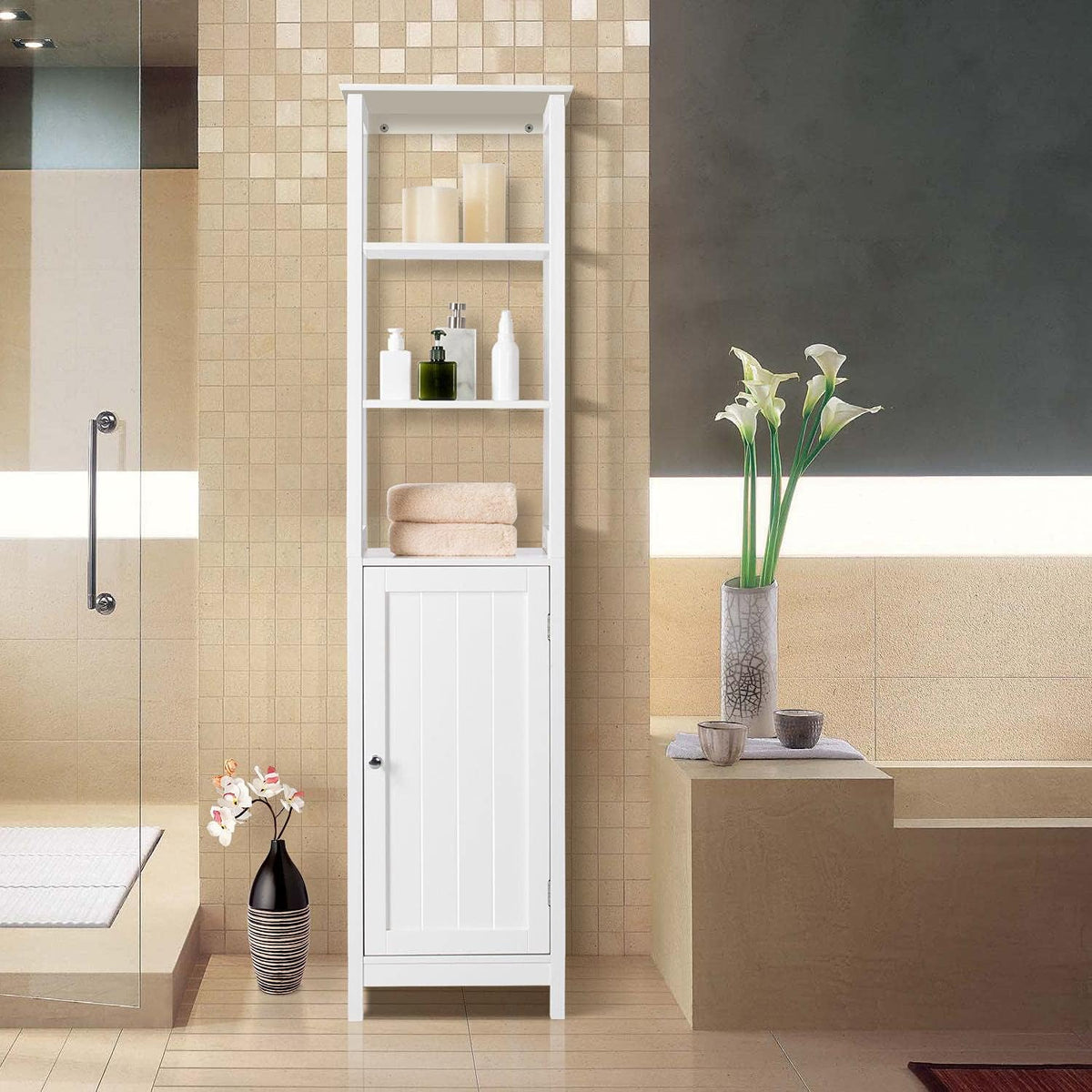 3 Tier Free Standing Wooden Bathroom Storage Cabinet with Adjustable Shelf, White B97040