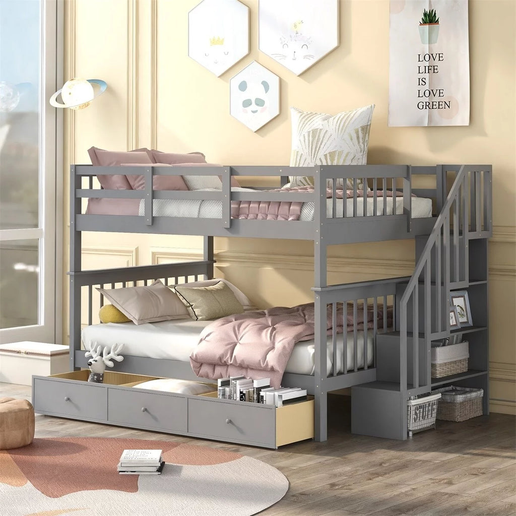 White Full over Full Stairway Bunk Bed with Drawer O521648