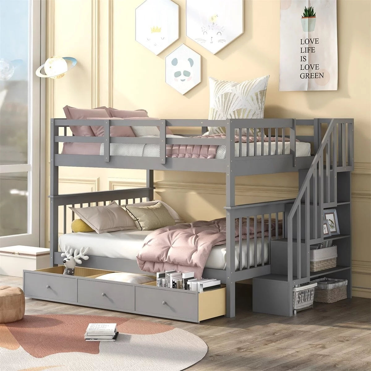 White Full over Full Stairway Bunk Bed with Drawer O521648