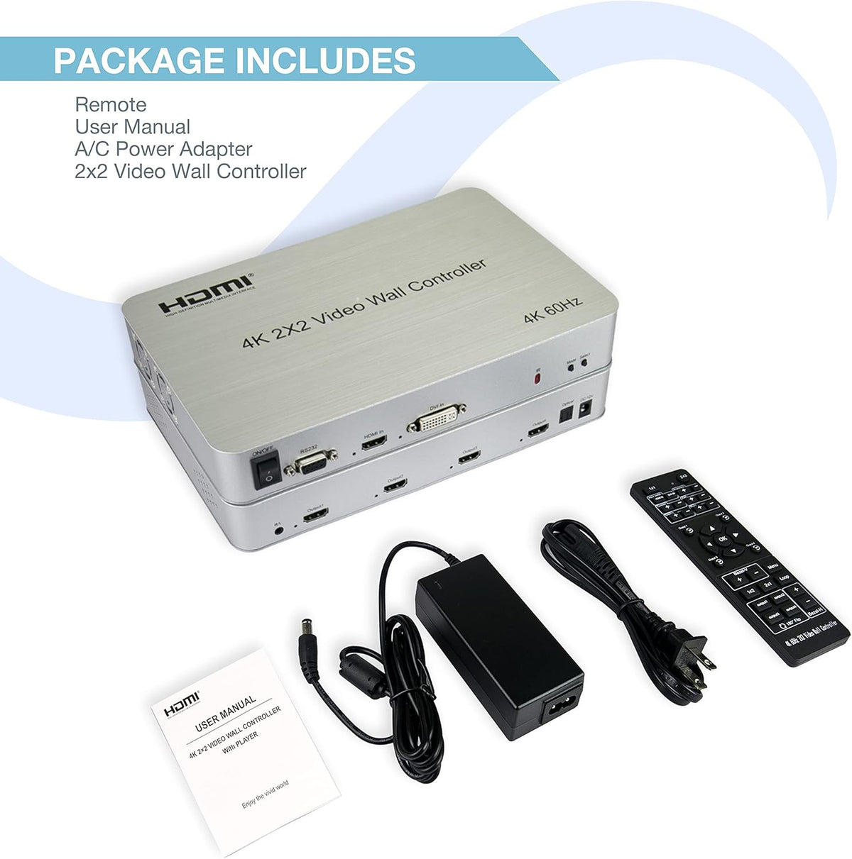 2x2 Video Wall Controller, 4K@60Hz, HDMI 2.0, HDCP 2.2, 90° Rotation, Edge Masking U79042