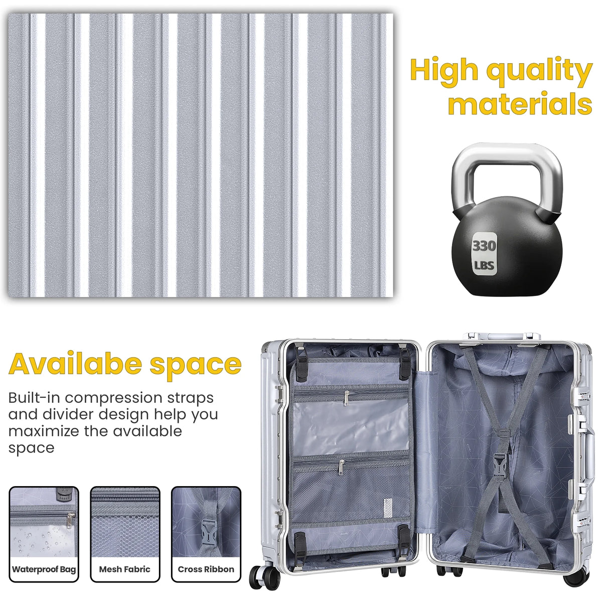 28in Silver Hard Shell Carry On Luggage with Wheels B368