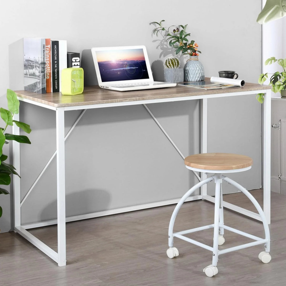 47.2 Inch Light Brown and White Computer Desk with Metal Frame I9712
