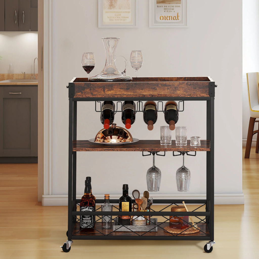 31" 3-Tier Mobile Bar Cart with Wine Rack and Glass Holder G62302