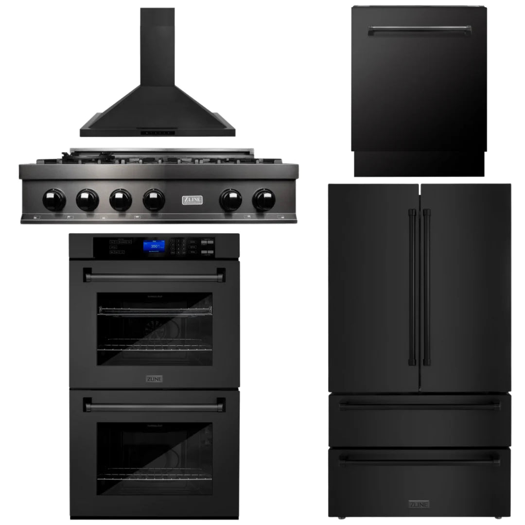 36 Rangetop Range Hood Refrigerator Dishwasher Double Wall Oven in Black Stainless Y51717