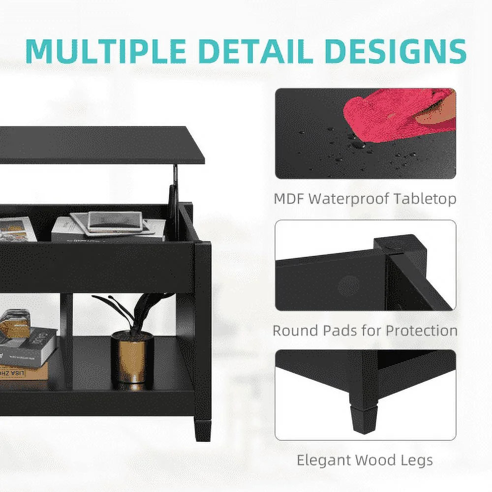 Black Lift Top Coffee Table with Storage Compartment and Open Shelves N904