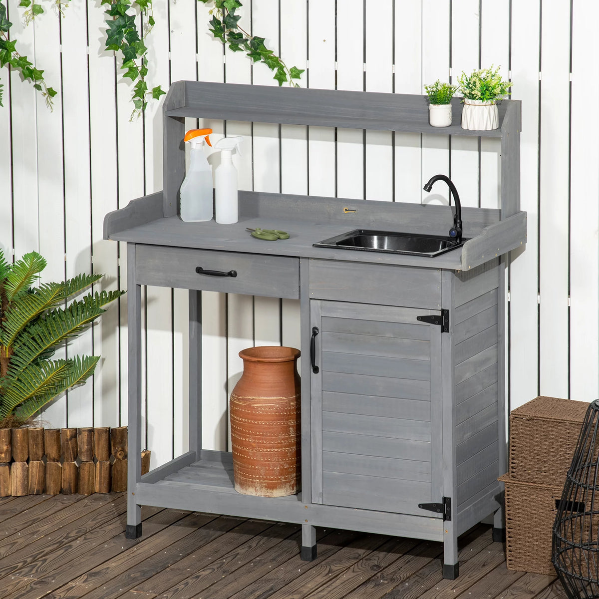 Potting Bench Prep Table with Faucet, Sink, and Storage Cabinet D494