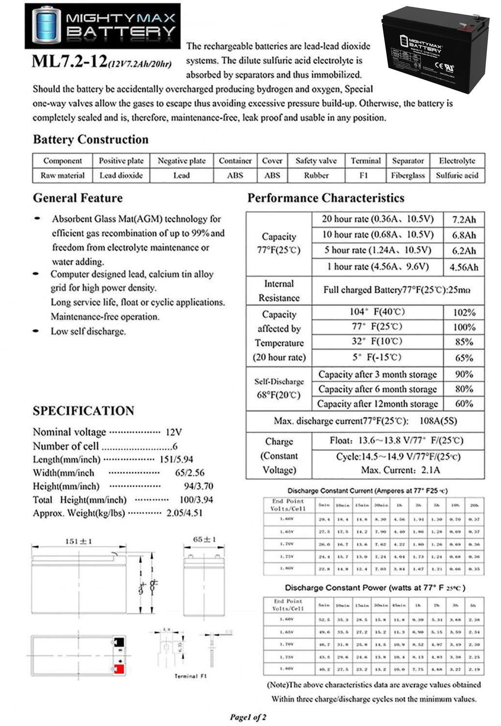 12 Volt 7ah Rechargeable Battery with F1 Terminals F9391