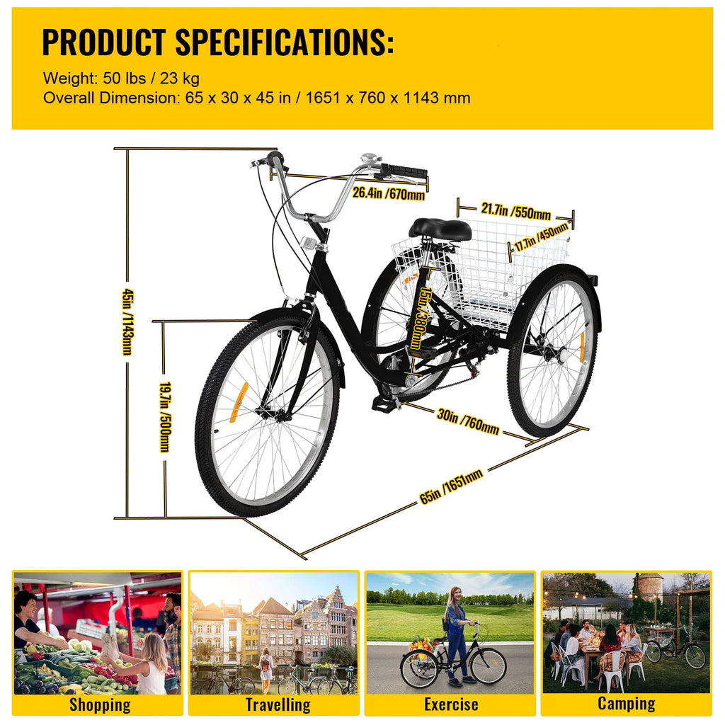 7-Speed 3 Wheel Adult Tricycle 24'' Yellow with Large Basket Z799