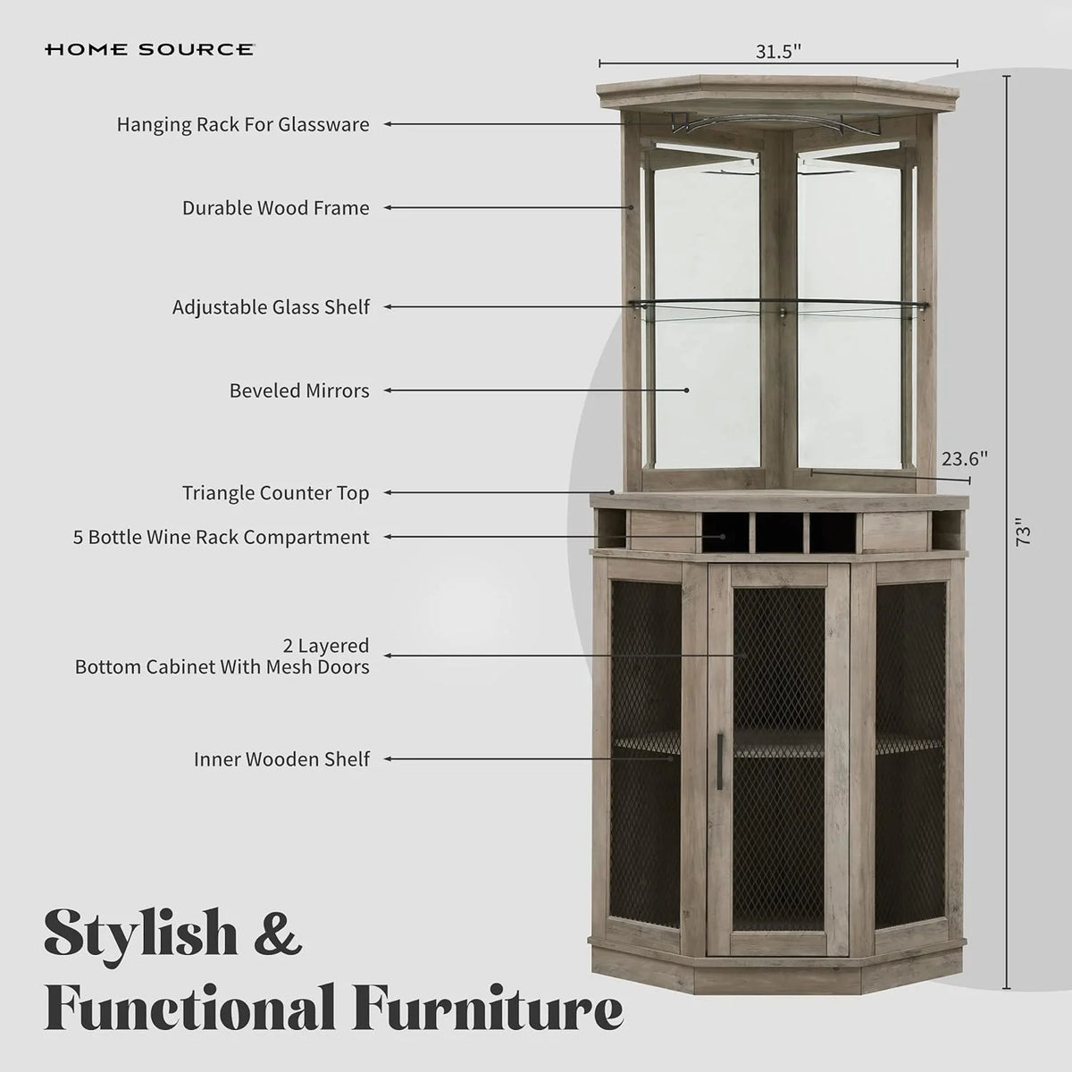 Stone Grey Corner Bar Unit with Built-In Wine Rack and Lower Bar Cabinet N795008