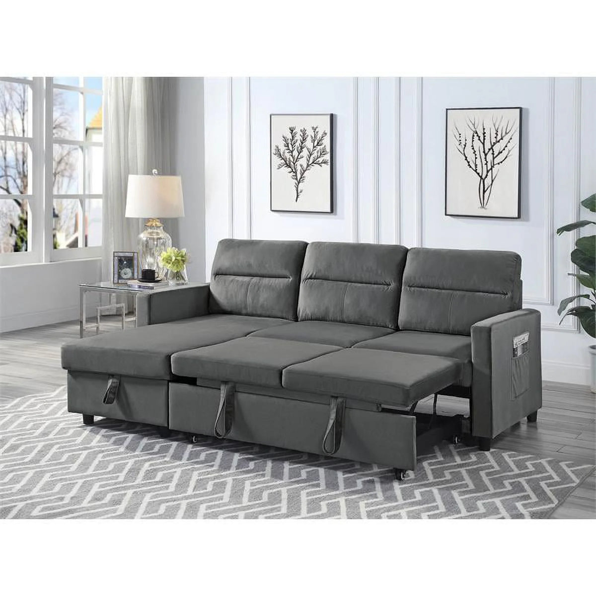 Dark Gray Velvet Reversible Sleeper Sectional with Storage D3960
