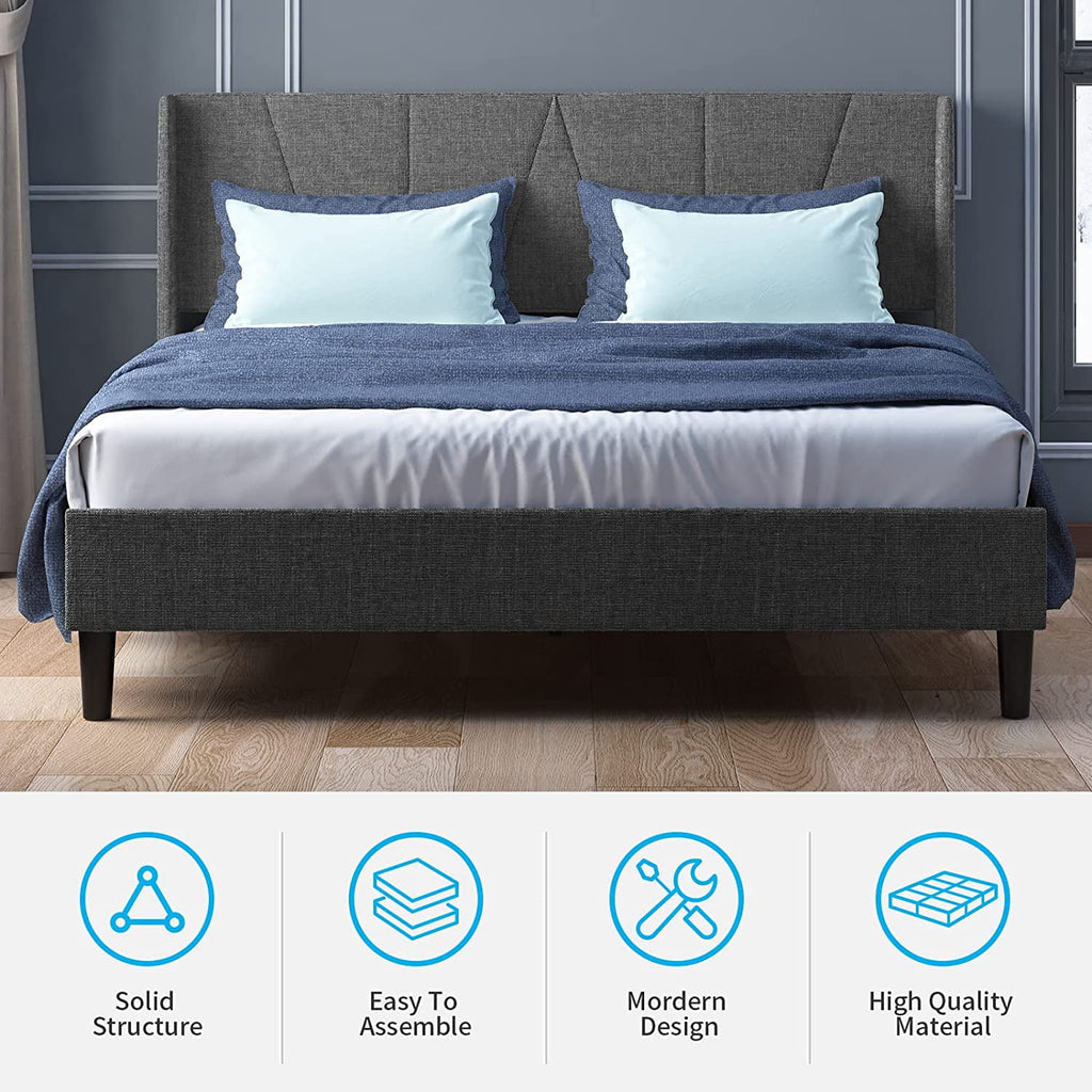 Full Upholstered Wingback Platform Bed Frame with Headboard Dark Grey F34521