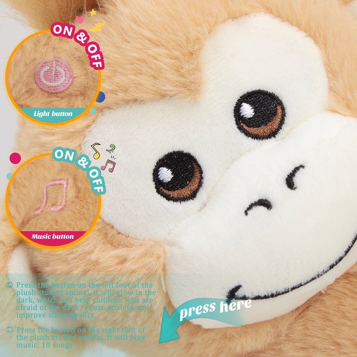 12'' Musical LED Monkey Stuffed Animal Plush Toy J778