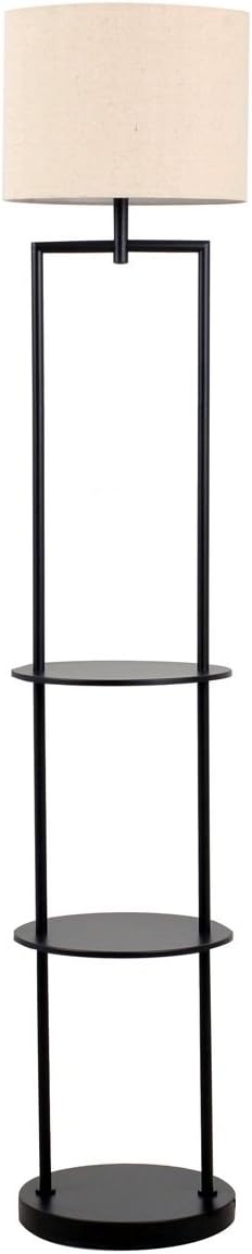 Black Round Etagere Floor Lamp with Shelves and Linen Shade Z422
