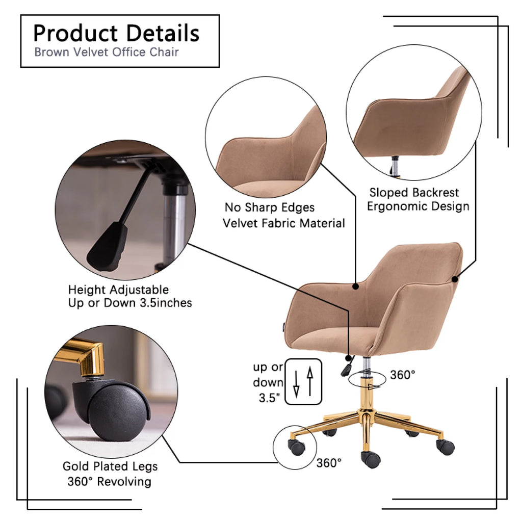 Velvet Adjustable Height Office Chair with Metal Legs and Wheels W620