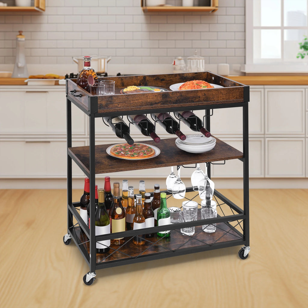 31" 3-Tier Mobile Bar Cart with Wine Rack and Glass Holder G62302