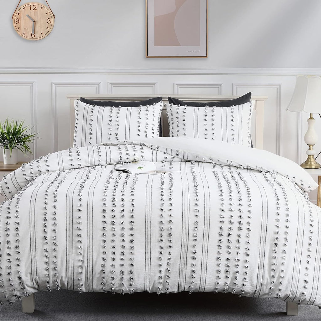 100% Cotton Queen Size 3Pcs Yarn-Dyed Tufted Dots Jacquard Duvet Cover Set S37515