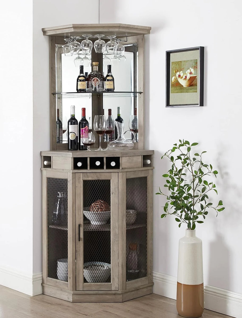Stone Grey Corner Bar Unit with Built-In Wine Rack and Lower Bar Cabinet N795008