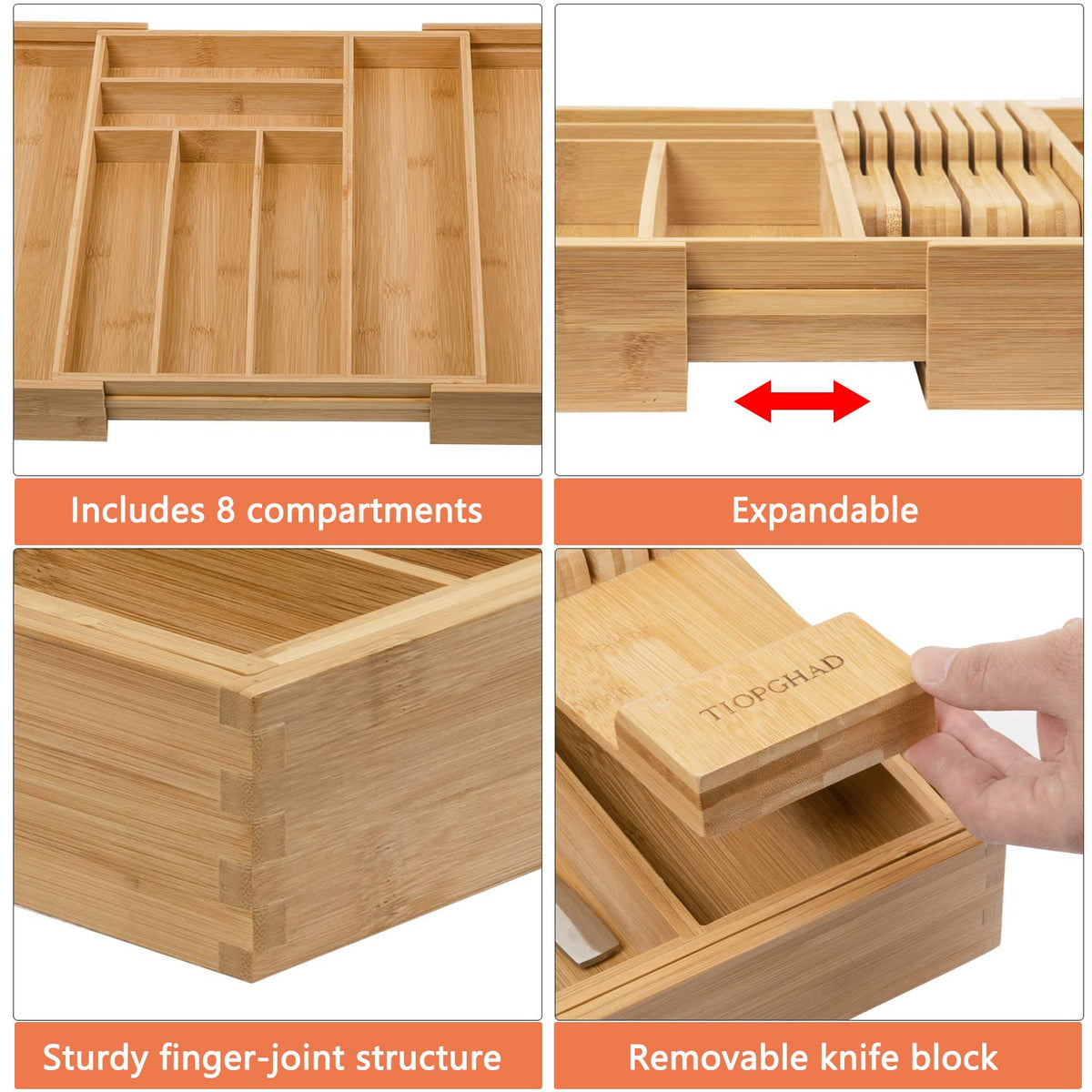 Bamboo Utensil Holder Expandable Drawer Organizer with Removable Knife Rack V3766