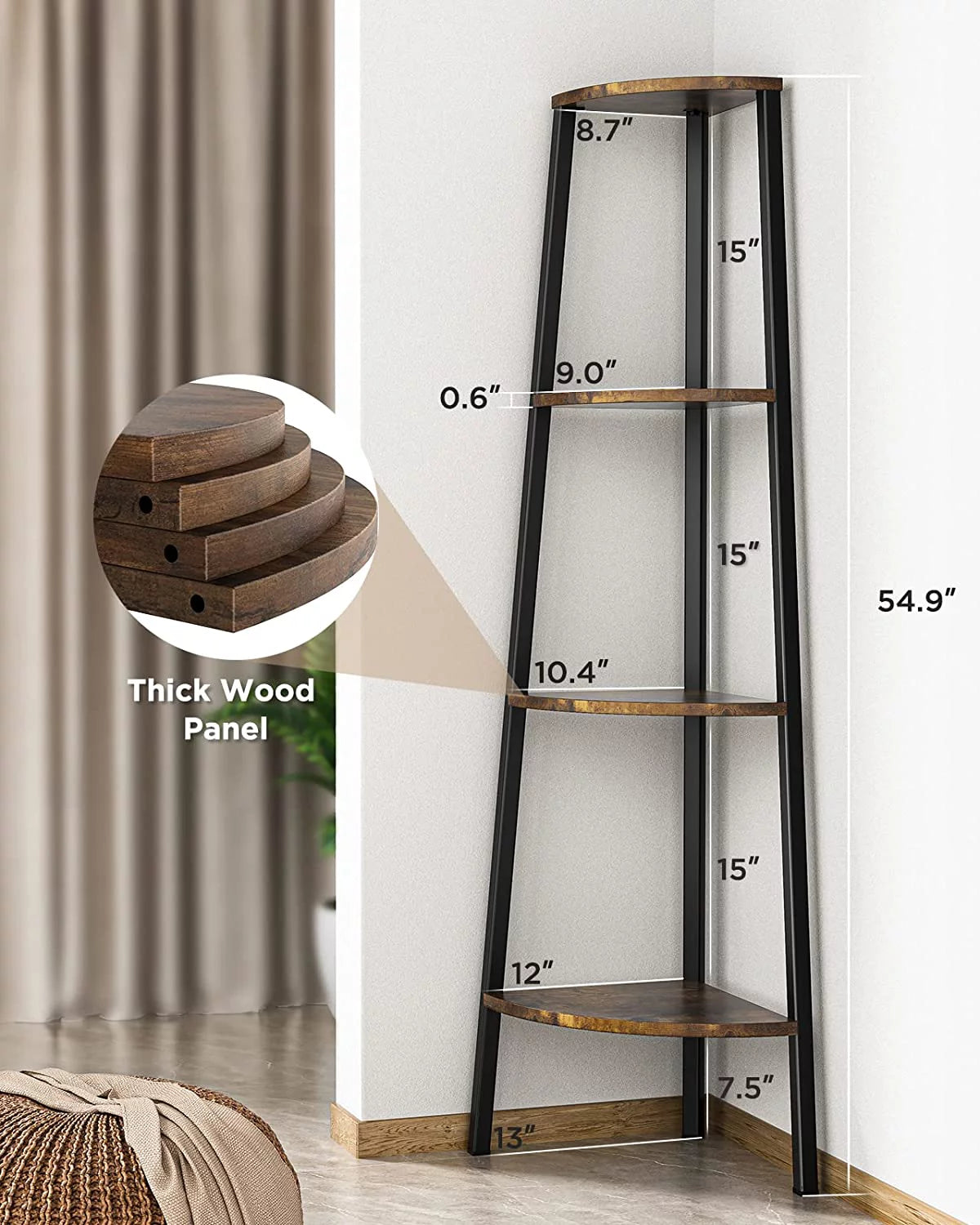 Rustic Brown 4 Tier Corner Bookshelf X239