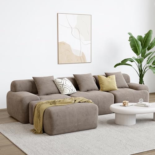 Green Corduroy L-Shaped Sectional Sofa with Ottoman T828920