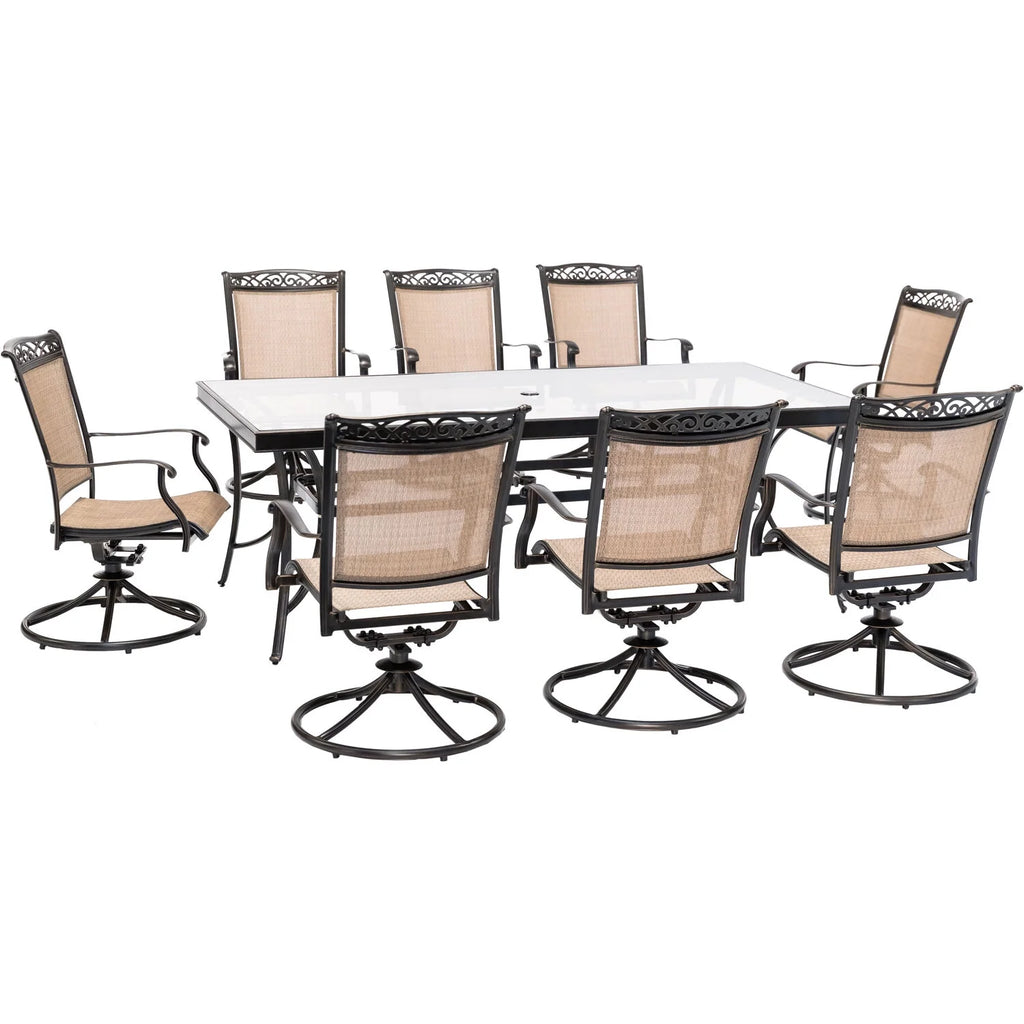 9-Piece Outdoor Dining Set with Swivel Rockers and Glass-Top Table O975