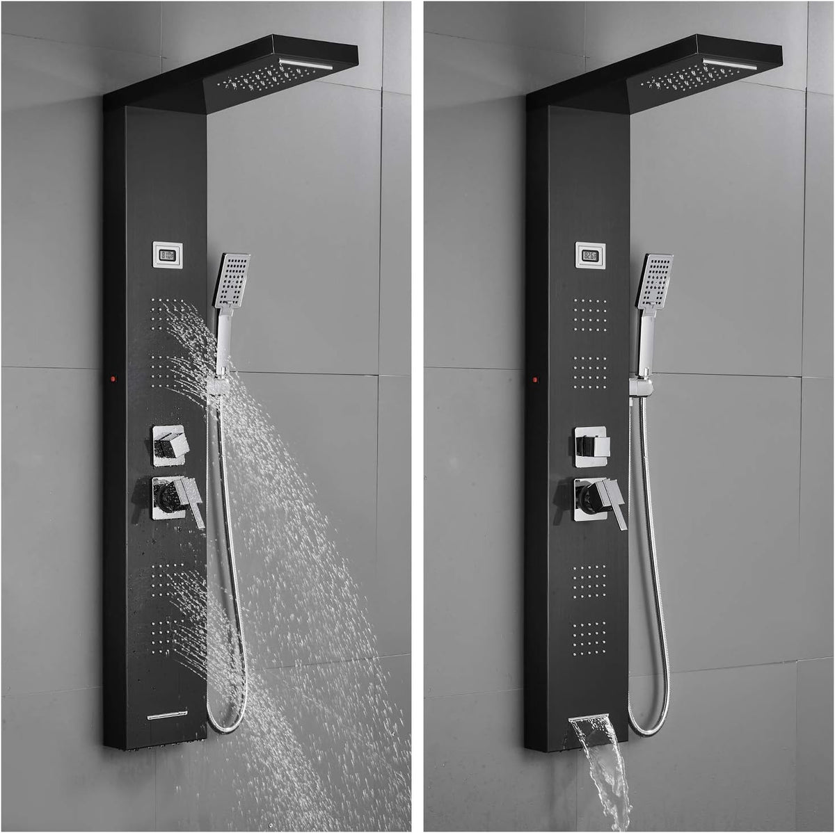 Stainless Steel Shower Panel Tower System with LED Rainfall Shower Head, Handheld Shower Head, 4 Body Jets, Tub Spout, Water Temperature Display A920