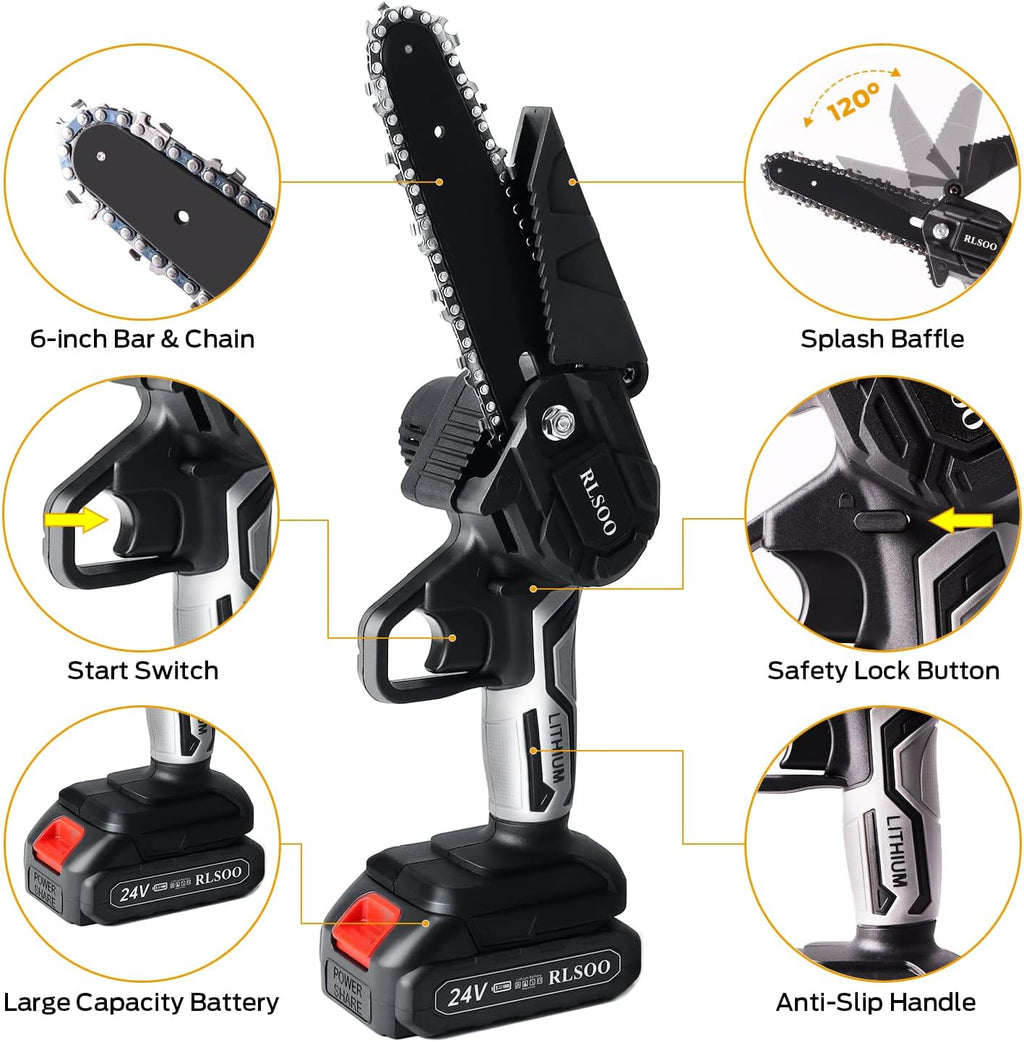6 Inch 24V Cordless Mini Chainsaw with 2 Batteries and 2 Chains Y710