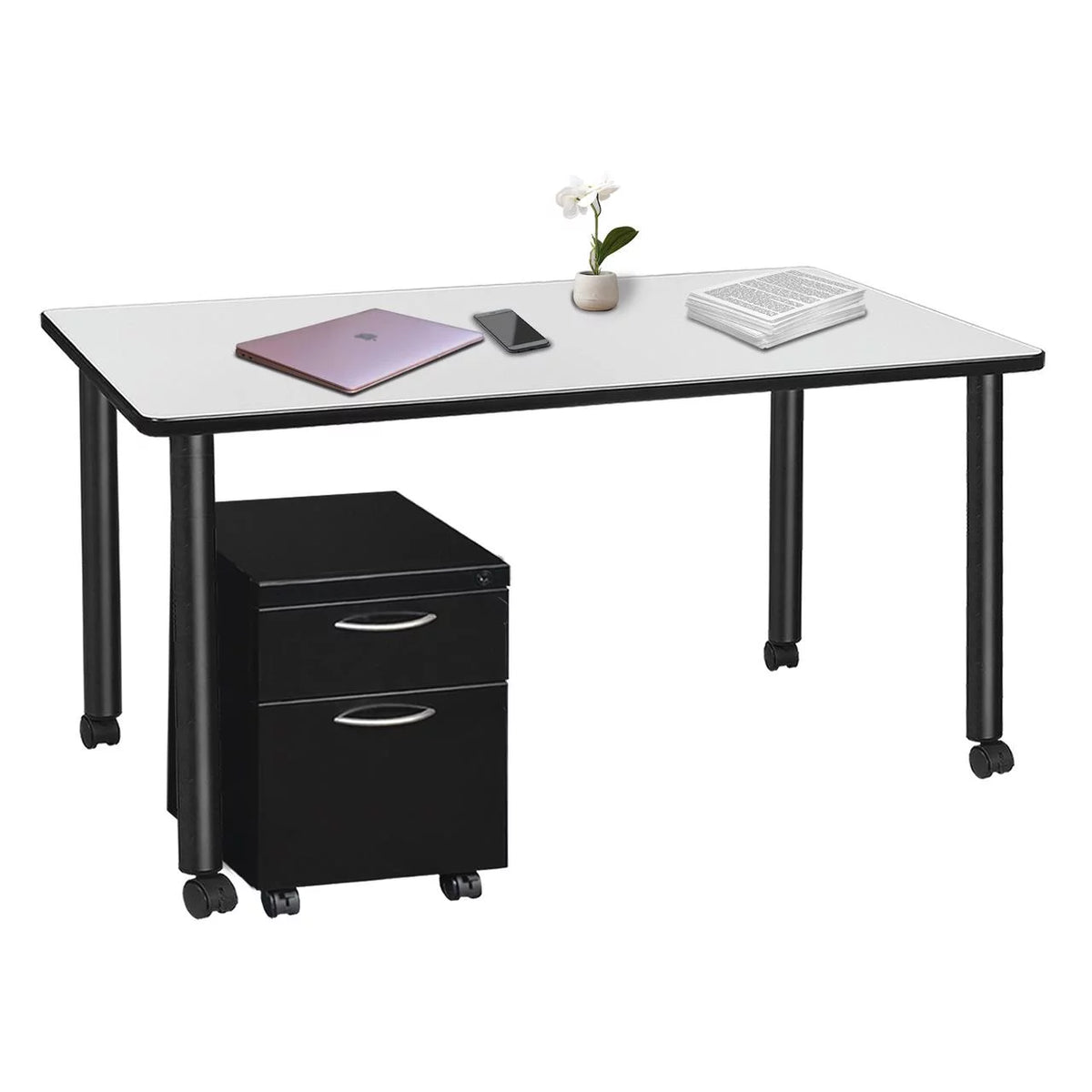 Mobile Desk with Storage, White Top, Black Legs U236658