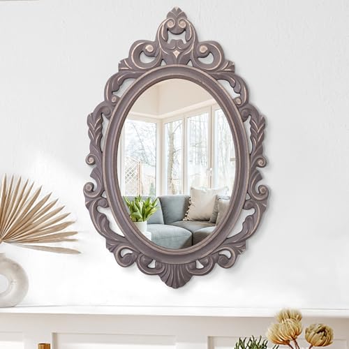 Oval Wooden Hanging Mirror Grey Carved Frame Wall Mirror 24"x16" M5118