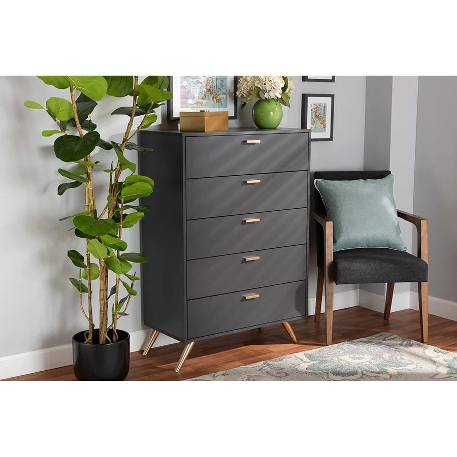 Dark Grey and Gold Finished Wood 5-Drawer Chest S496