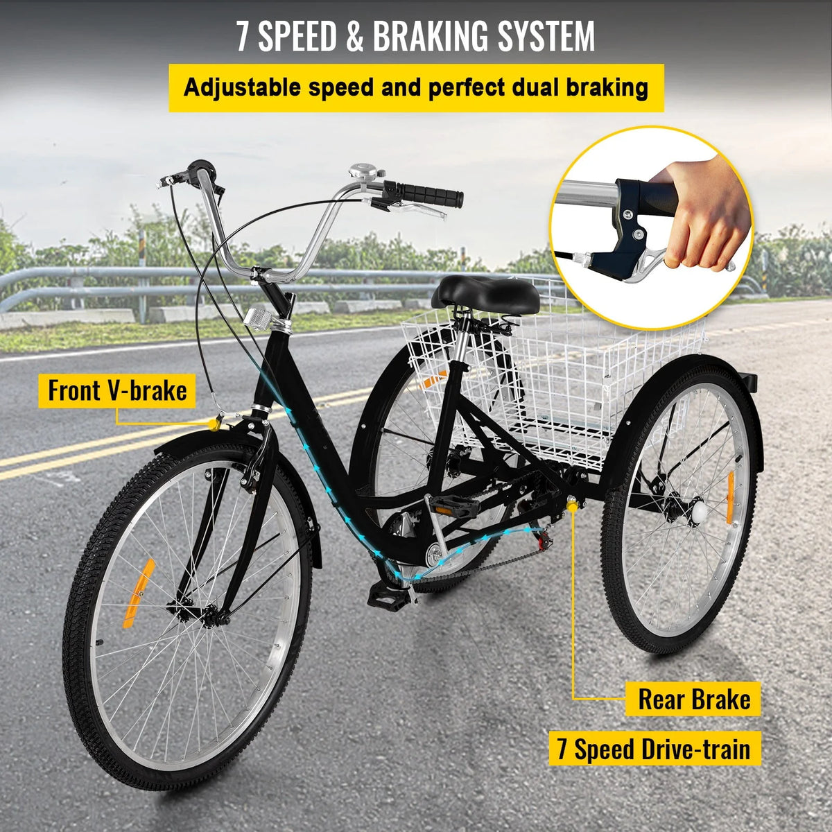7-Speed 3 Wheel Adult Tricycle 24'' Yellow with Large Basket Z799