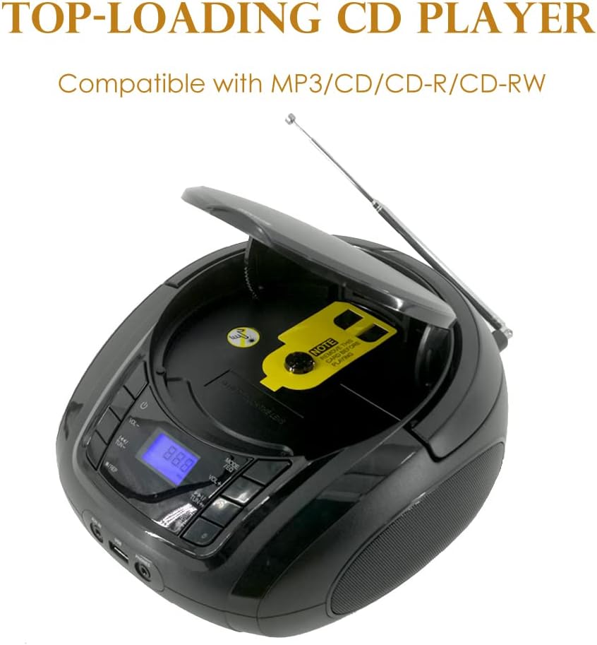 Black CD Player Boombox with FM Radio, Bluetooth, USB, AUX, LCD Display, Pack of 2 B69152
