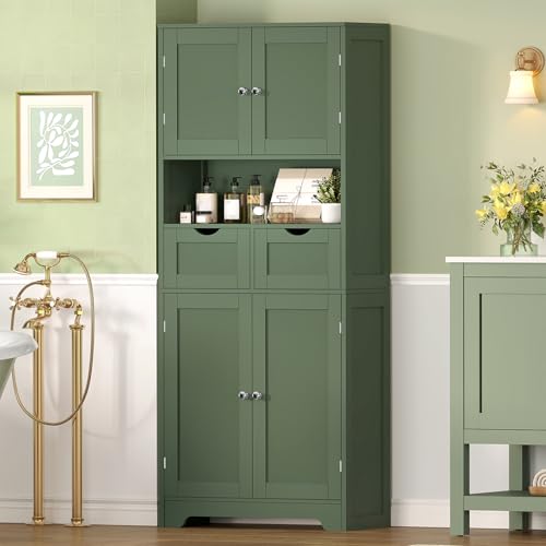 White Tall Bathroom Cabinet with 2 Drawers & 2 Adjustable Shelves & 4 Doors Q454452