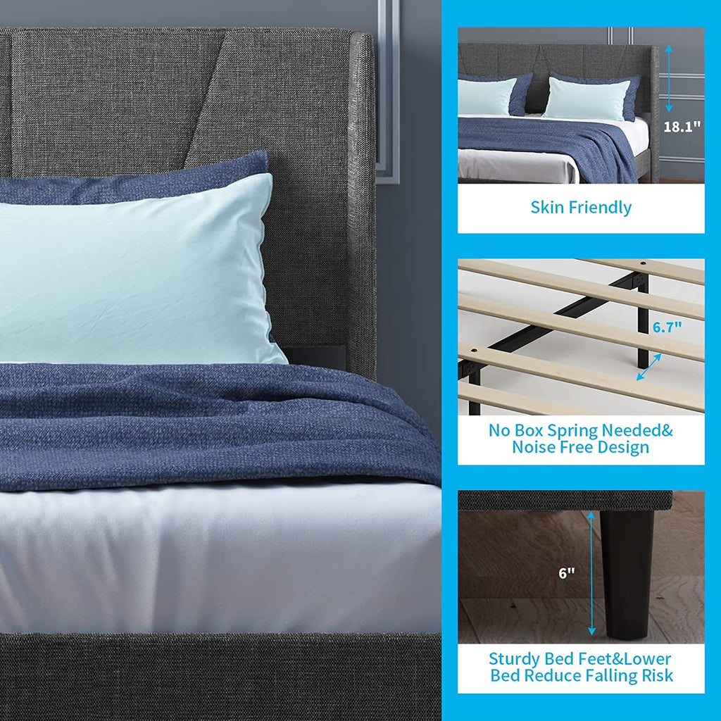 Full Upholstered Wingback Platform Bed Frame with Headboard Dark Grey F34521