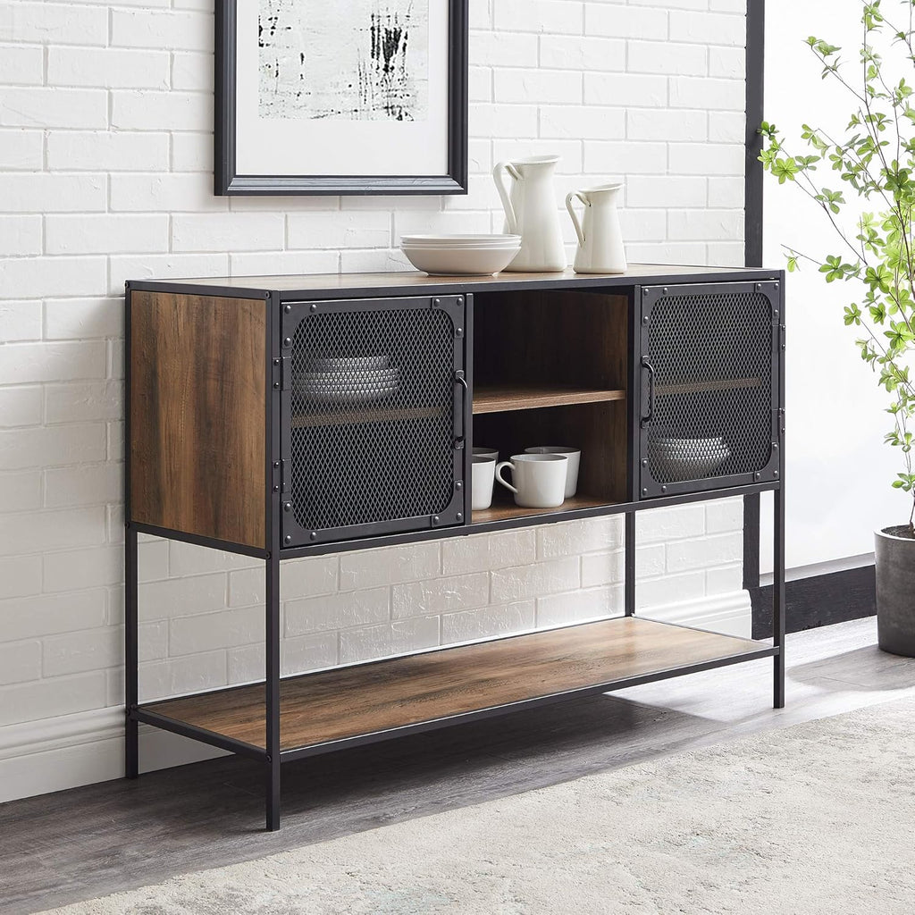 Rustic Oak Metal Mesh Double Door Rolling Bar Cabinet K5428