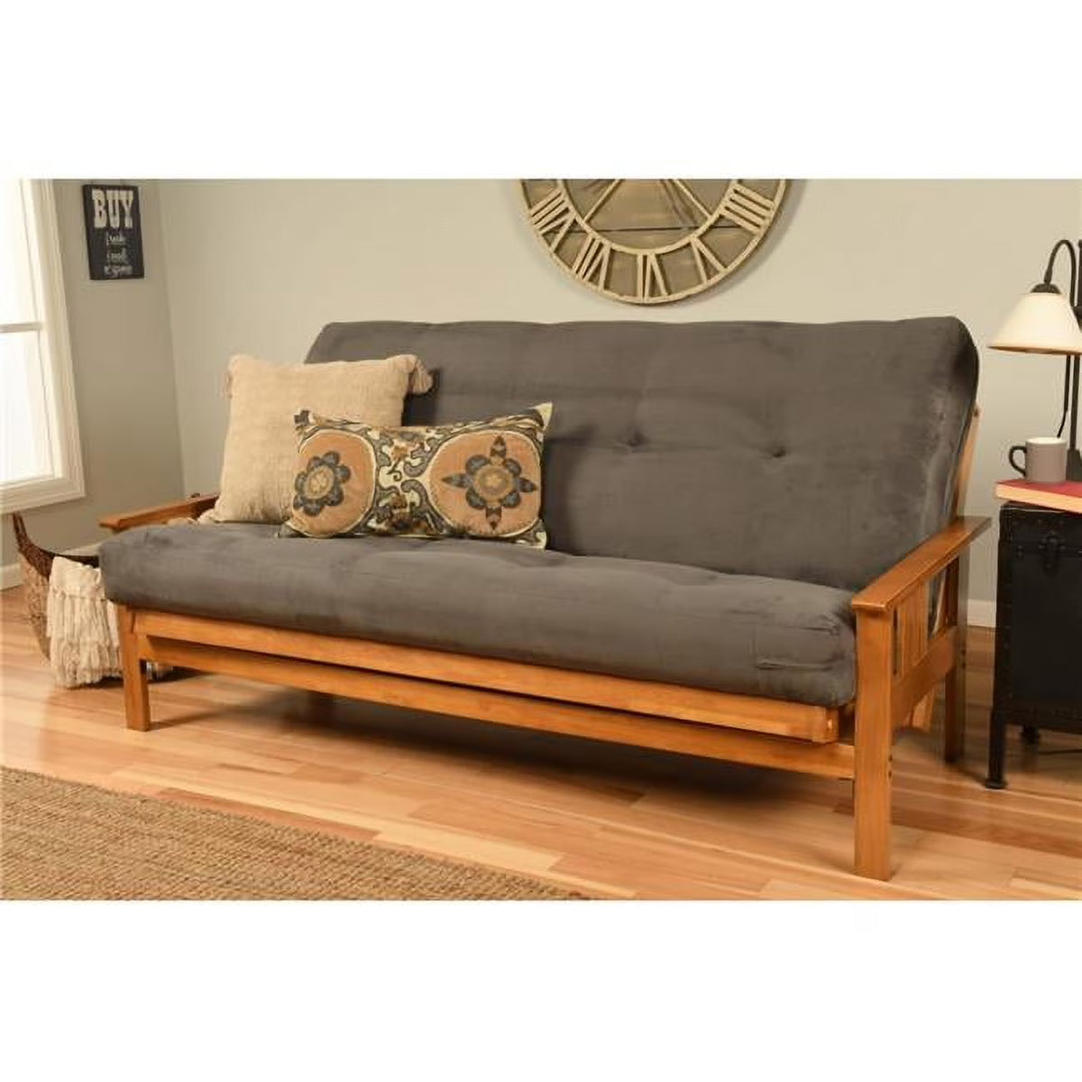 Full Size Futon Frame with Suede Gray Mattress O9489