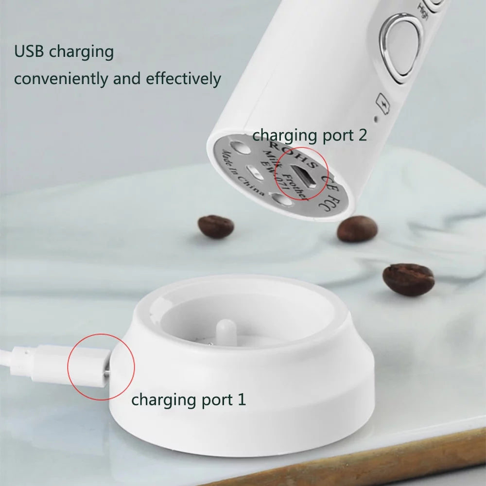 USB Rechargeable Handheld Electric Milk Frother with Stainless Whisk D457