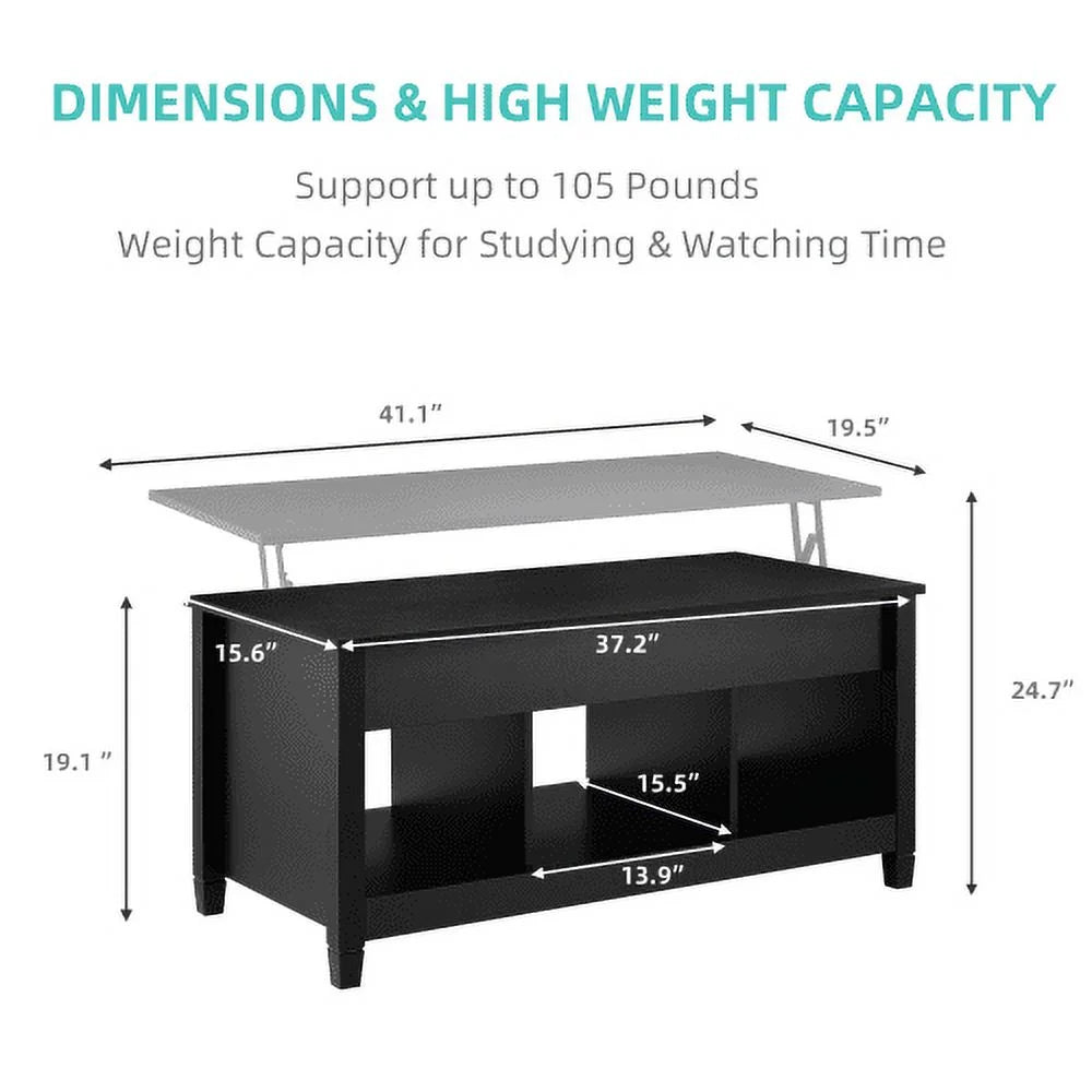 Black Lift Top Coffee Table with Storage Compartment and Open Shelves N904