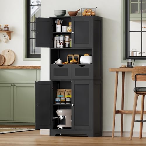 White Tall Bathroom Cabinet with 2 Drawers & 2 Adjustable Shelves & 4 Doors Q454452