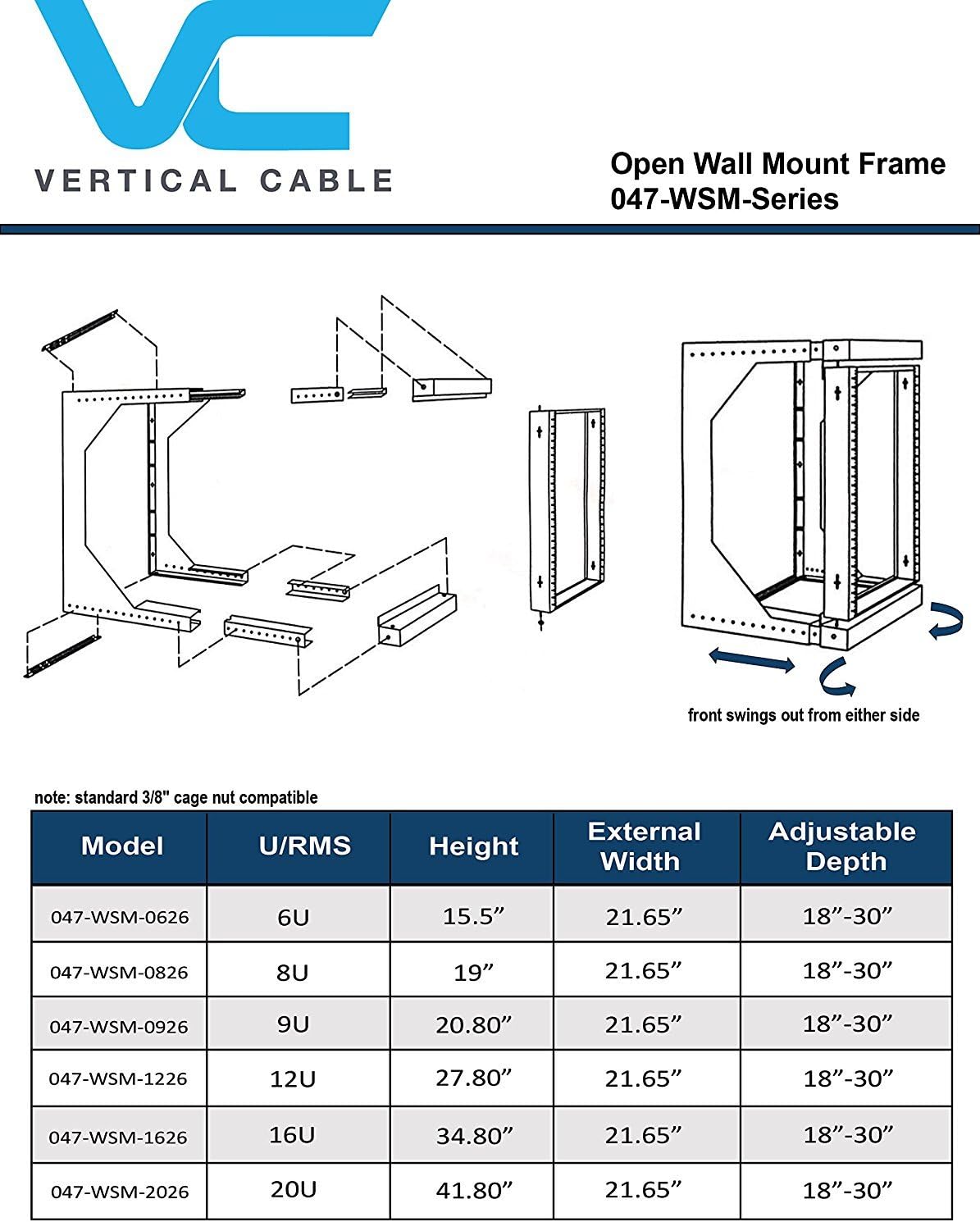 Open Wall Mount Frame Rack with Hinge, Adjustable Depth 18"-30" R4542