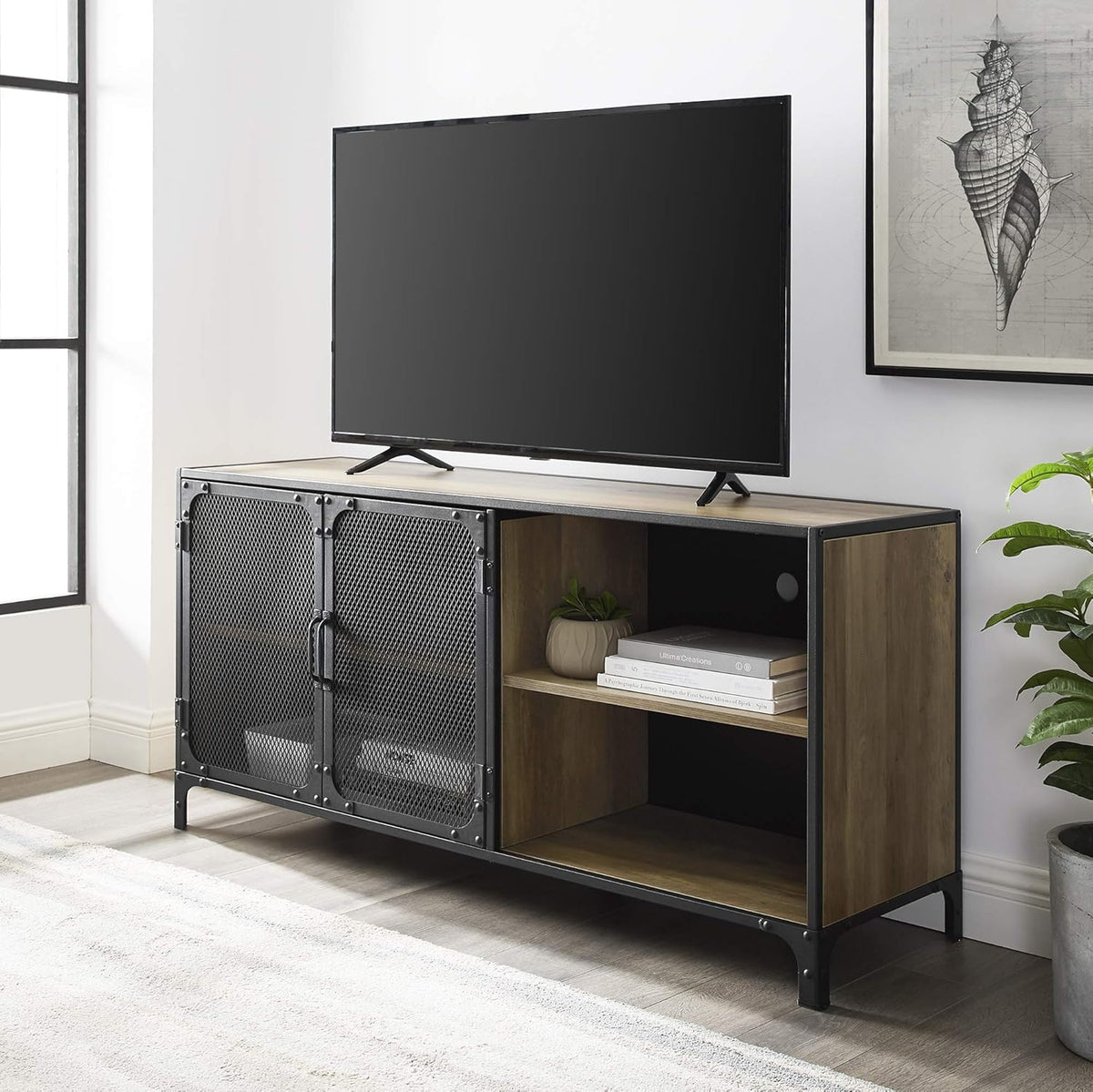 Rustic Oak Metal Mesh Double Door Rolling Bar Cabinet K5428