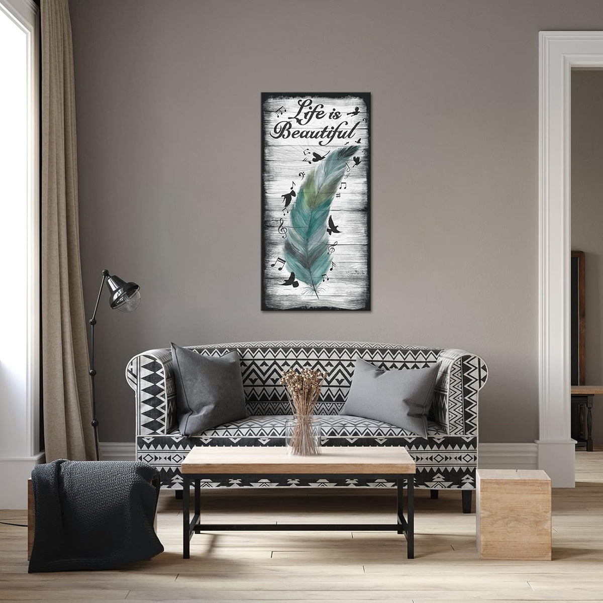 Abstract Feather and Flying Birds Canvas Wall Art with Inspirational Quote, 20x40 G8694