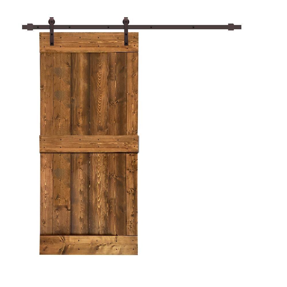 Distressed Mid-Bar Walnut Stained Solid Knotty Pine Wood Interior Sliding Barn Door with Hardware Kit V705497