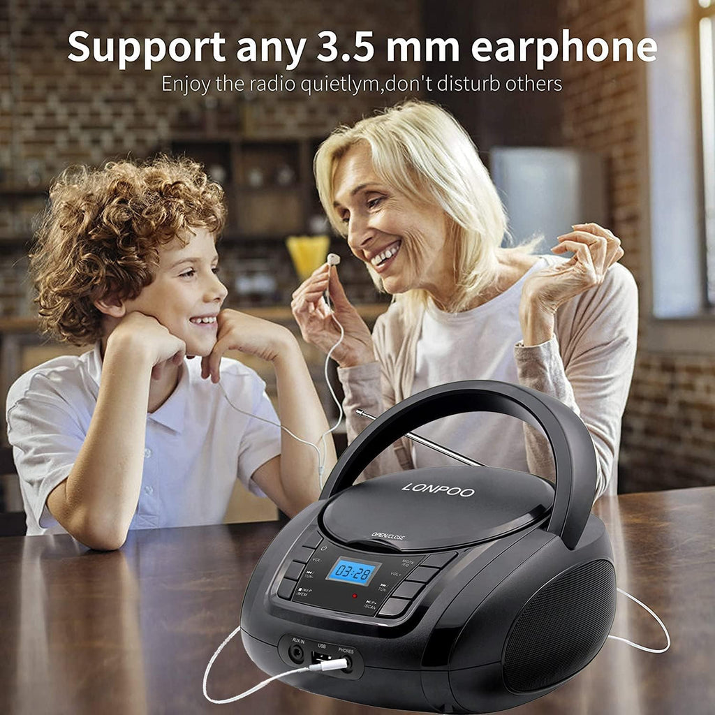 Black CD Player Boombox with FM Radio, Bluetooth, USB, AUX, LCD Display, Pack of 2 B69152