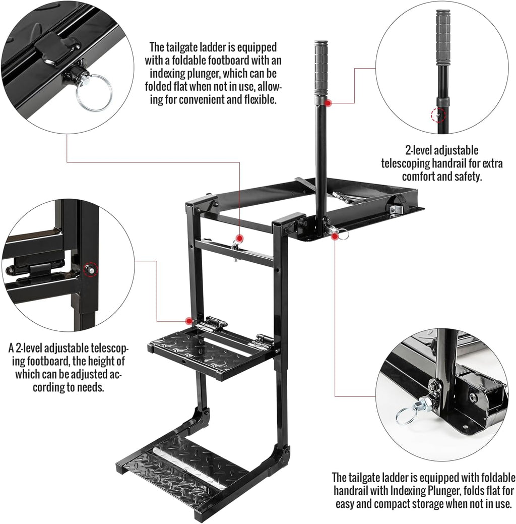 Foldable Retractable Truck Tailgate Step with Telescopic Handrail, Capacity 300 lb I294