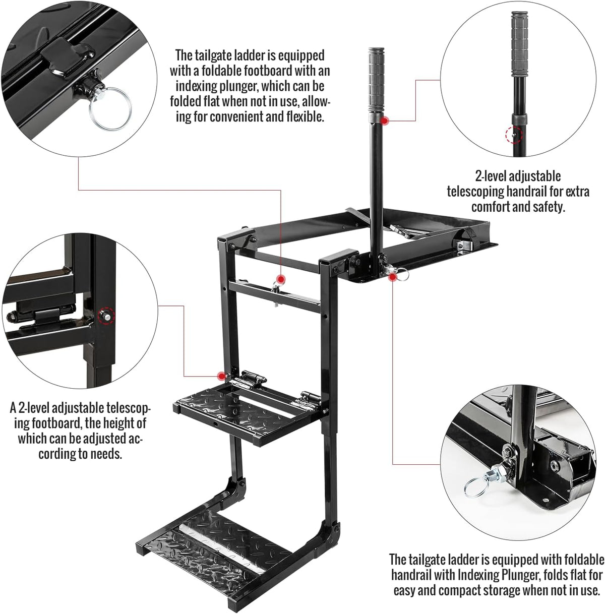 Foldable Retractable Truck Tailgate Step with Telescopic Handrail, Capacity 300 lb I294